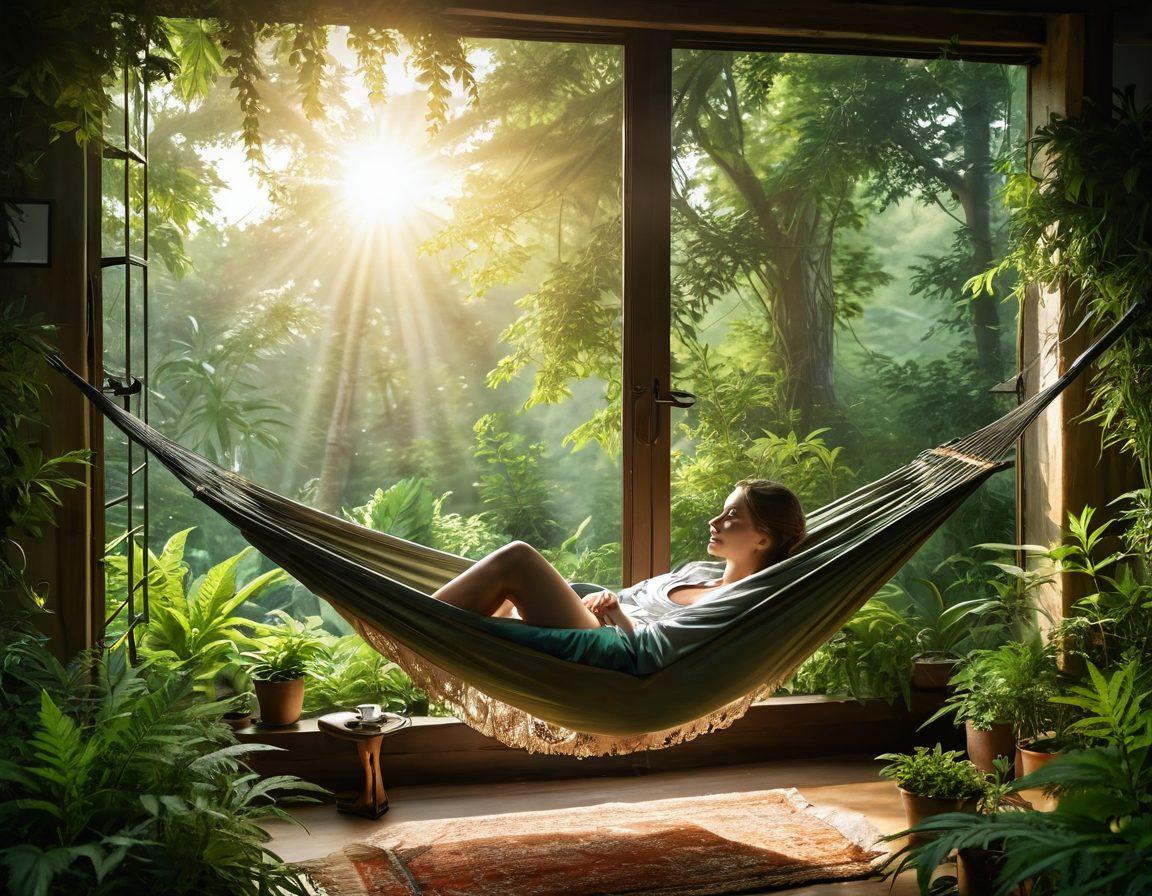 A peaceful natural scene depicting a lush green landscape where a person is relaxing, surrounded by vibrant cannabis plants in various stages of growth. Incorporate elements of wellness, such as a hammock, a cozy blanket, and a steaming cup of herbal tea. Capture a sense of tranquility and connection to nature, with soft sunlight filtering through the leaves. Include playful symbols of joy and relaxation like music notes and rolling paper. super-realistic. vibrant colors. serene atmosphere.