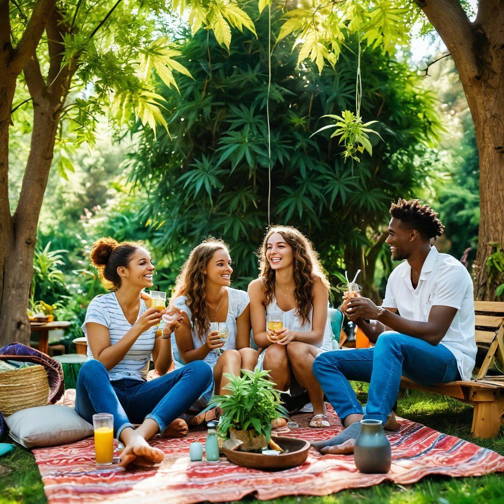 A vibrant scene depicting a diverse group of friends enjoying a cannabis garden party, laughter and joy in the air. Include elements like colorful cannabis plants, bongs and edibles on a picnic table, and relaxing hammocks dangling between trees. The atmosphere is warm and inviting, with bright sunlight filtering through the leaves. Capture the essence of wellness and community in a stylish, laid-back ambiance. super-realistic. vibrant colors. sunny outdoor setting.