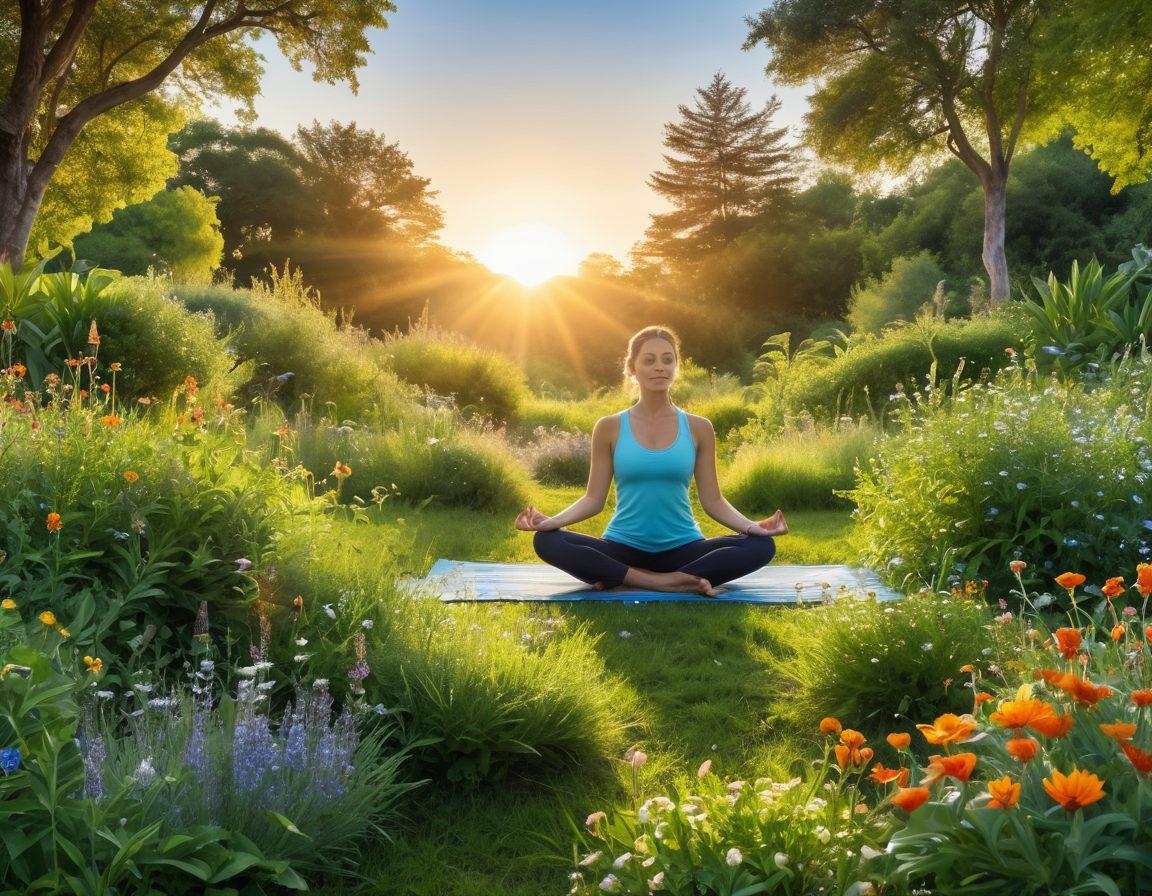 A serene and tranquil scene depicting a vast landscape of lush green herbs, with a diverse array of medicinal plants and flowers. In the foreground, a person joyfully practicing yoga amidst the herbs, embodying holistic health. A soft sunlight filters through a clear blue sky, casting warm, golden light. A harmonious blend of natural elements like stones, water, and vibrant colors symbolizes wellness and balance. painting. vibrant colors. nature-inspired.